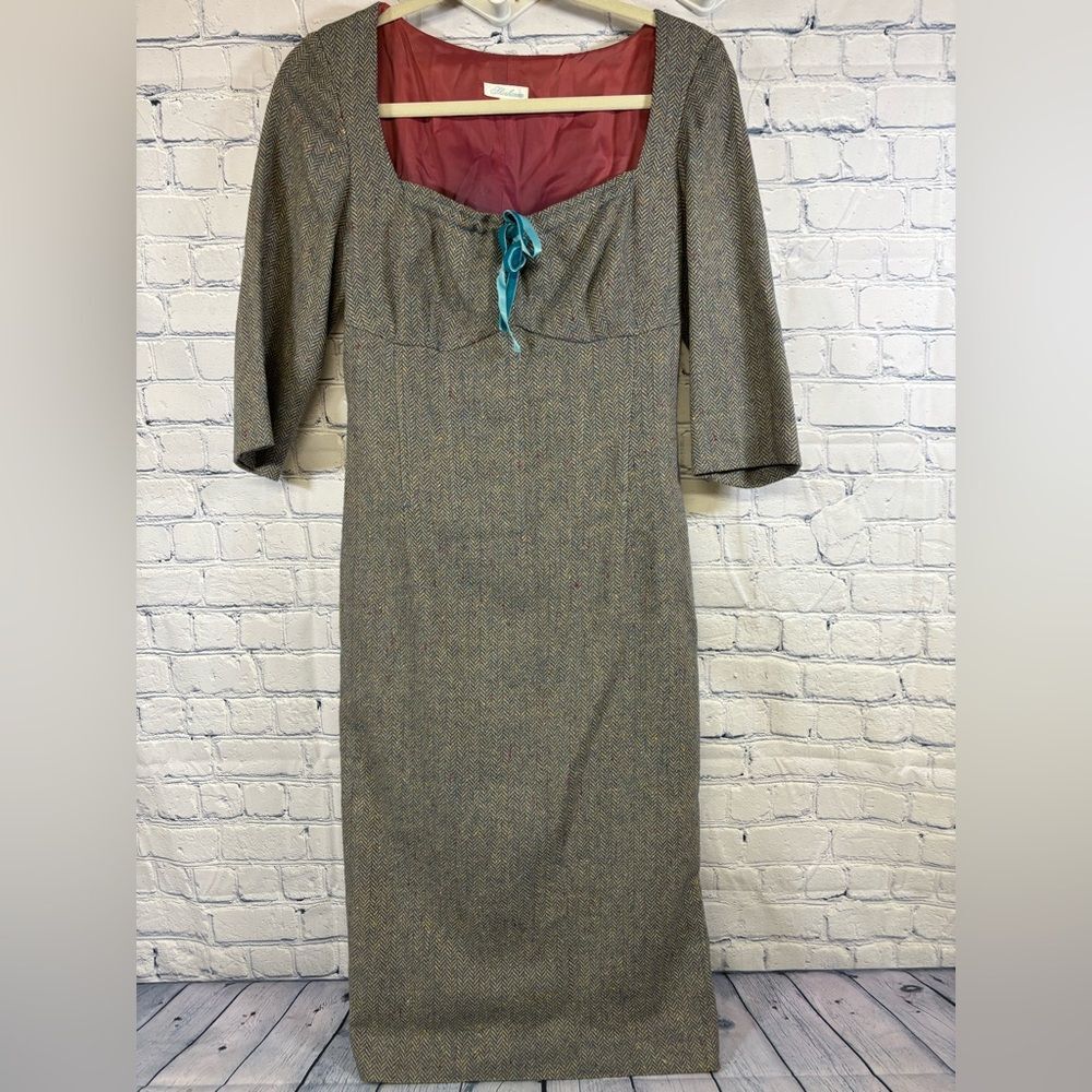 Shoshanna Anthropologie Blue Gray Peasant Herringbone Corset Sheath Dress 10